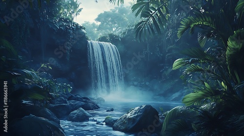 Serene waterfall cascading down rocks into a misty jungle pool.