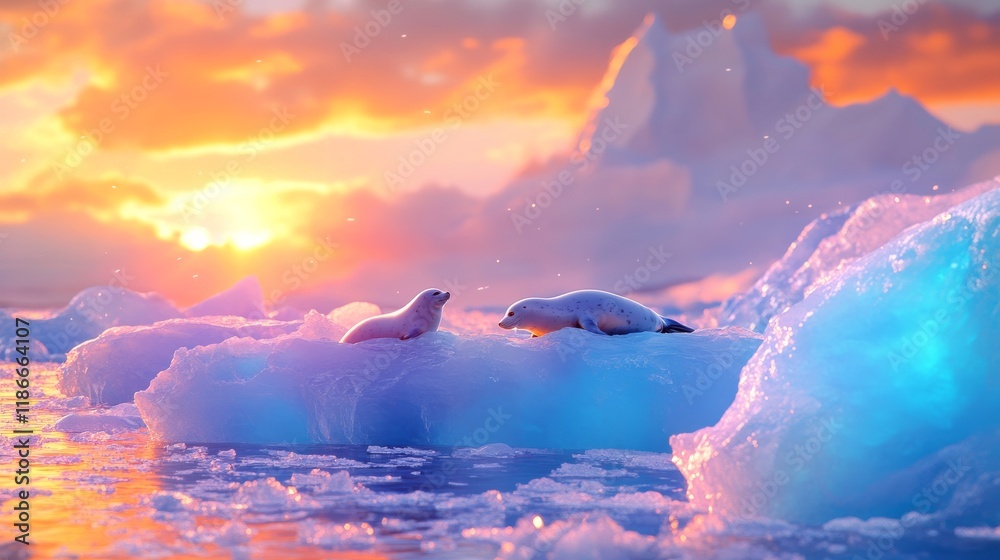 Naklejka premium A serene sunset over icy waters, featuring seals resting on floating ice, creating a tranquil and beautiful Arctic scene.