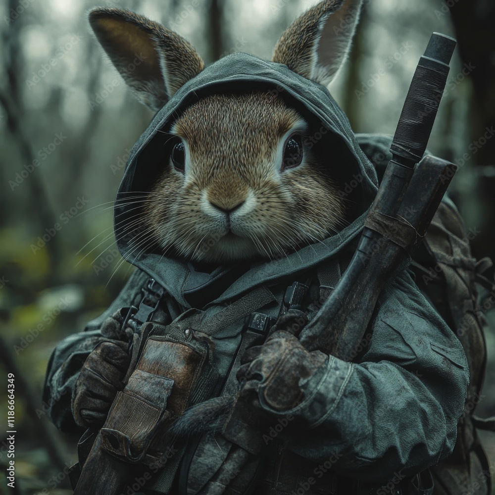 Rabbit dressed like hunter in forest, hyper realistic