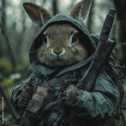 Obraz na płótnie Rabbit dressed like hunter in forest, hyper realistic w salonie