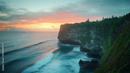 Dramatic sunset over ocean cliff, lush vegetation, waves crashing.