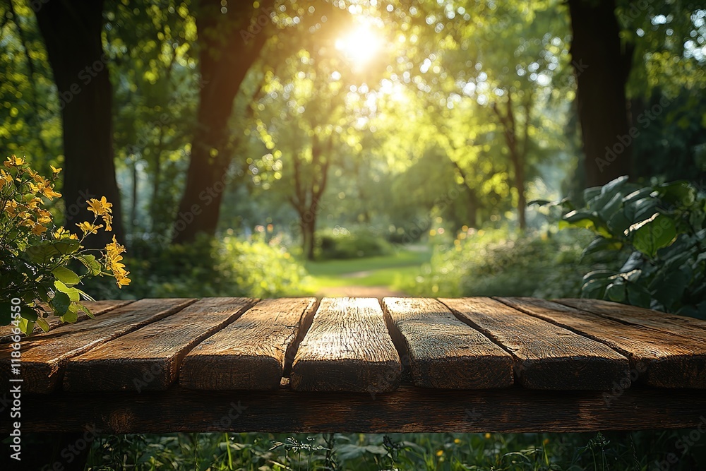Naklejka premium Rustic Wooden Tabletop in a Sunny Park Setting