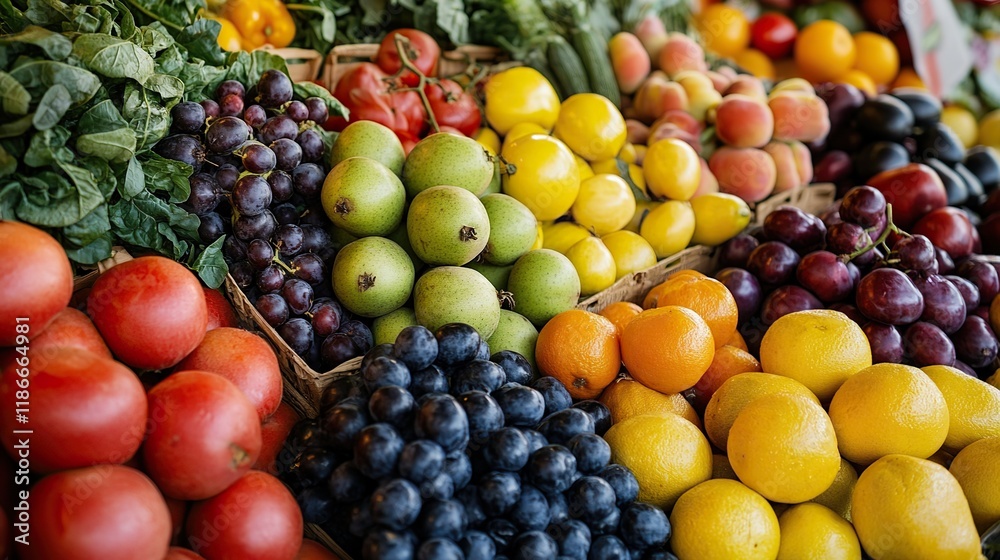 A table filled with fresh fruits and vegetables, representing wellness and good health. A table filled with fresh fruits and vegetables, representing wellness and good health.