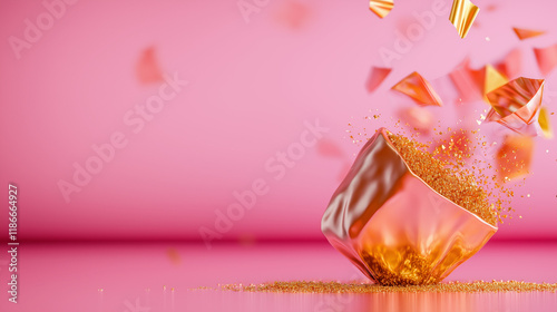 Rose gold cube shattering into a shower of golden glitter against a pink backdrop. Luxurious and elegant. photo