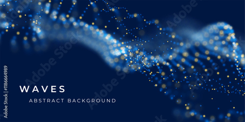 Wave of blue particles. Abstract technology flow background. Sound mesh pattern or grid landscape. Digital data structure consist dot elements. Future vector illustration.