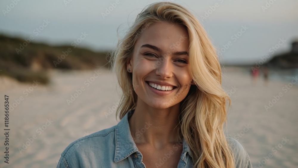 Portrait of a Beautiful blond woman smiling on a beach