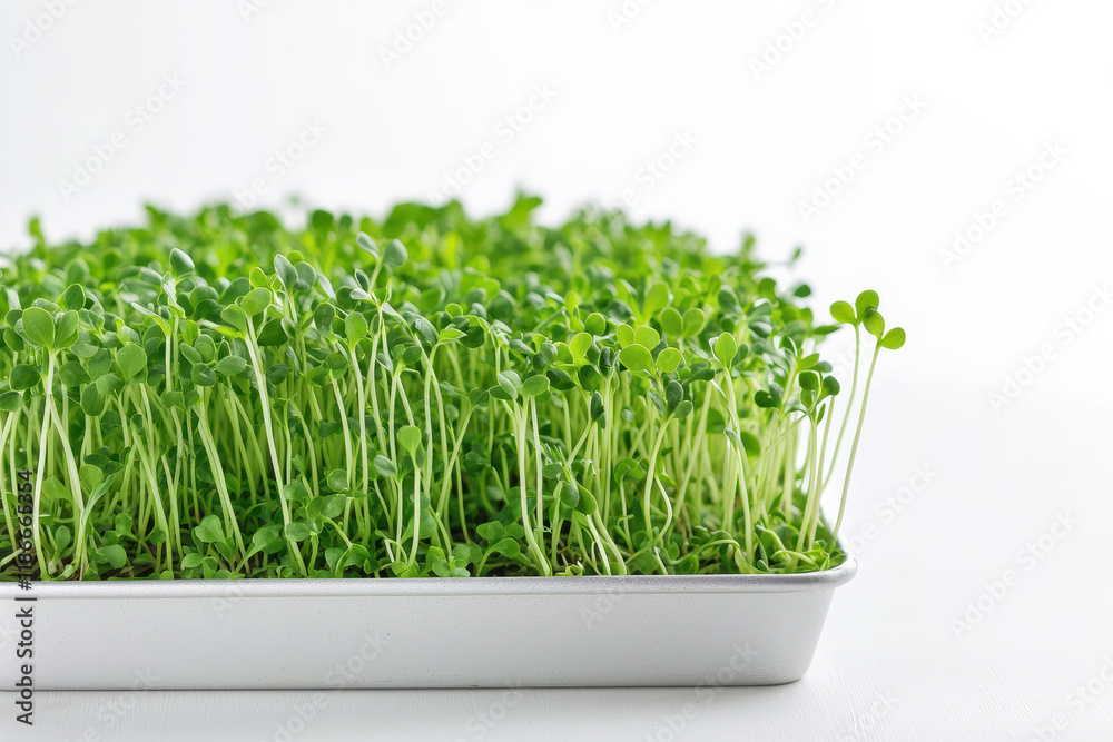 Fresh microgreens sprouting in a white tray, highlighting vibrant green foliage. Fresh microgreens sprouting in a white tray, highlighting vibrant green foliage.