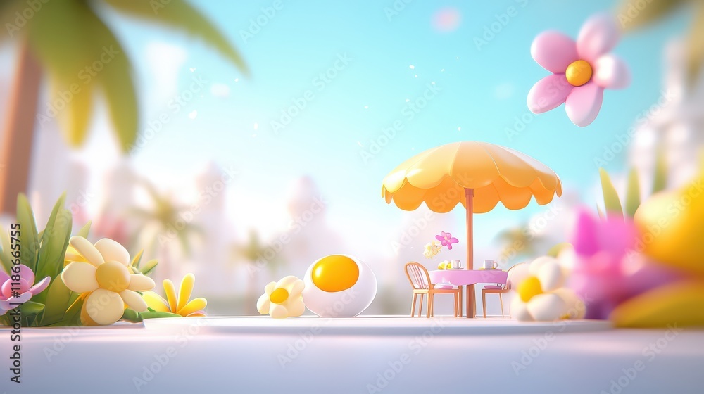 Fototapeta premium Sunlit Delight: Bright backyard dining area with an umbrella for shade, surrounded by colorful flowers and cozy seating for a relaxed outdoor brunch