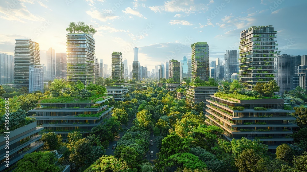 Obraz premium Sustainable Urban Skyline: Modern cityscape featuring green roofs, abundant vegetation, and energy-efficient glass facades, a harmonious representation of sustainable urban planning