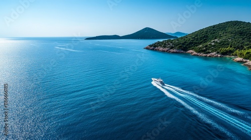 Srone view, boat sailing swiftly on the blue, calm sea leaving a foamy trail, clear sunny weather