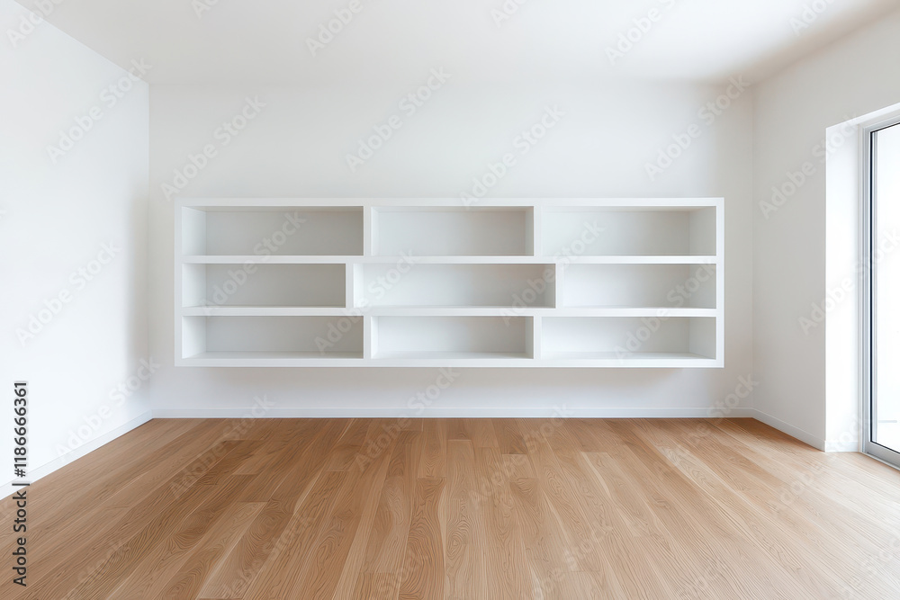 Minimalist interior featuring a clean, open space with modern shelving and warm wood floor. Minimalist interior featuring a clean, open space with modern shelving and warm wood floor.
