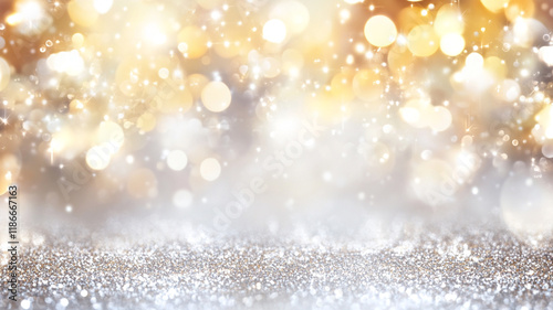 Sparkling Silver Glitter Background with Gold Bokeh Lights Festive Holiday Texture