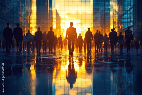Wallpaper Mural Silhouetted Business Professionals Walking Towards the Sunset in Urban Cityscape with Reflective Surfaces and Glass Architecture Torontodigital.ca