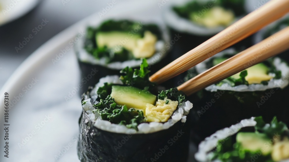 Kale and Avocado Sushi Rolls: Close-up shot of delicious sushi rolls filled with fresh kale, avocado, and rice, being picked up with elegant gold chopsticks. A perfect image for food blogs. Kale and Avocado Sushi Rolls: Close-up shot of delicious sushi rolls filled with fresh kale, avocado, and rice, being picked up with elegant gold chopsticks. A perfect image for food blogs.