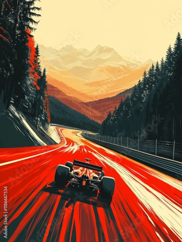 Travel poster of spa belgian grand prix track with a racing  car in the foreground, minimal digital art
