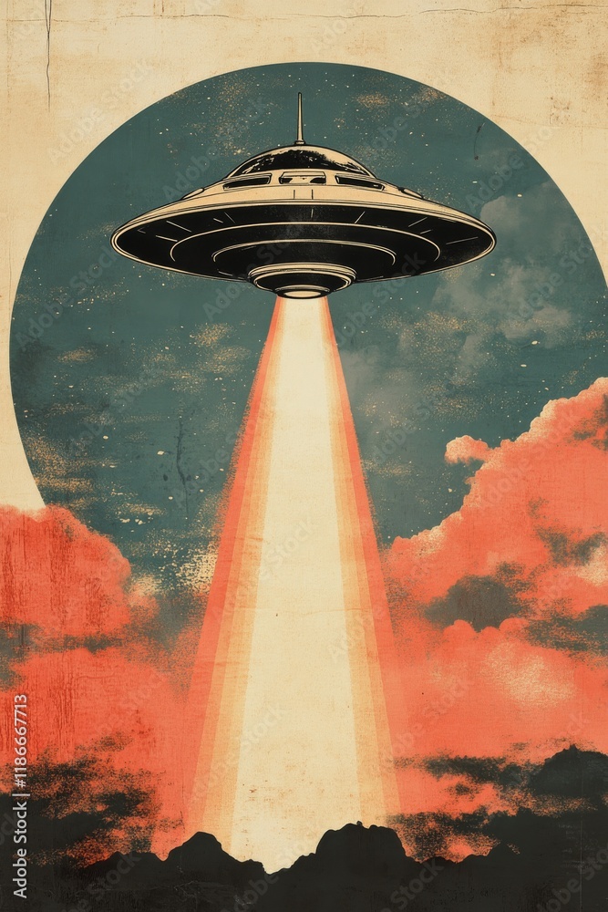 Tri-tone movie poster graphic design featuring a ufo with a beam coming from the underside, 80's pop graphic art