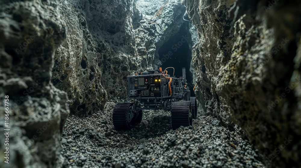 Miniature robot exploring narrow cave underground closeup mysterious environment innovative technology concept Miniature robot exploring narrow cave underground closeup mysterious environment innovative technology concept