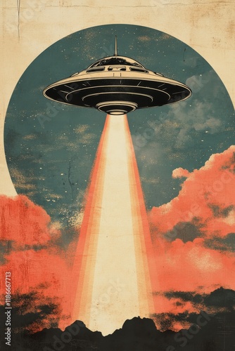 Obraz na płótnie Tri-tone movie poster graphic design featuring a ufo with a beam coming from the underside, 80's pop graphic art w salonie