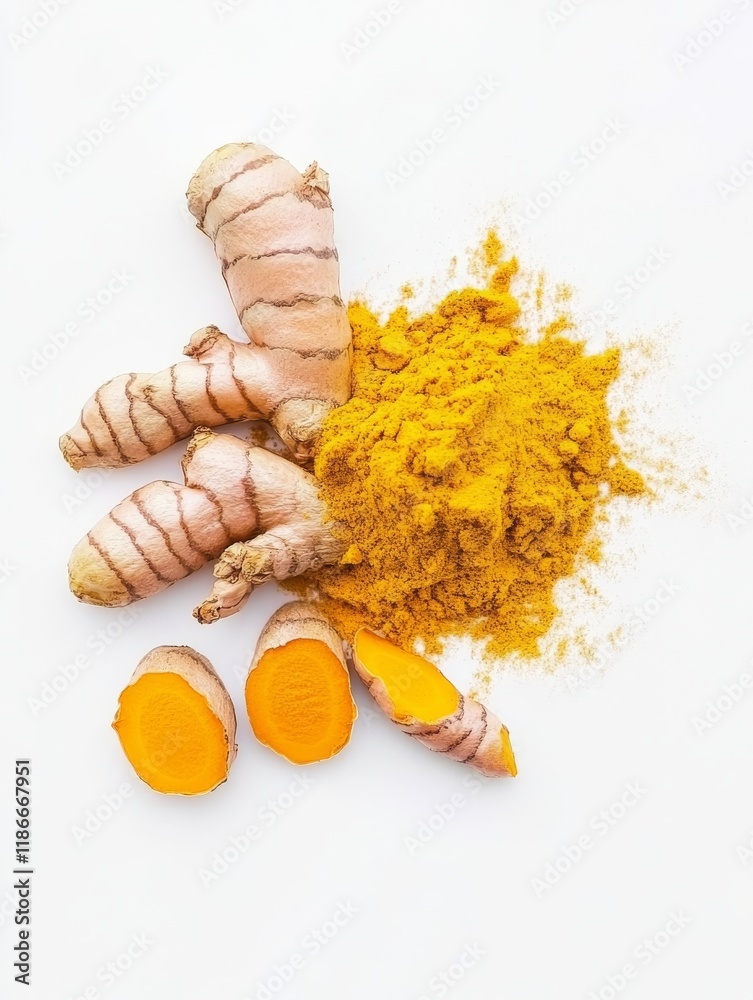 Turmeric powder seen from above, white background