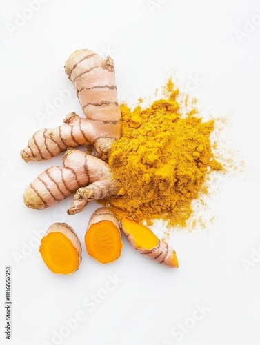 Obraz na płótnie Turmeric powder seen from above, white background w salonie