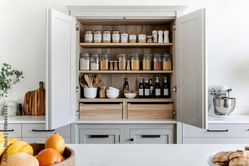 custom made wallpaper toronto digitalOrganized kitchen pantry with jars, utensils, and fresh ingredients for healthy cooking.