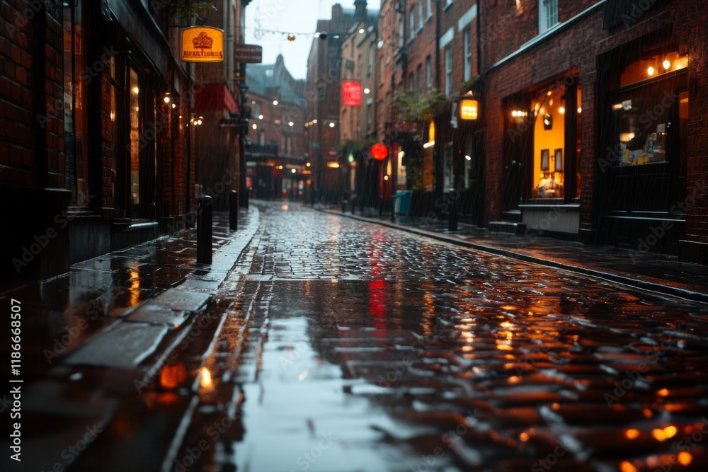 Fototapeta premium A dark and moody urban alleyway, with dimly lit streetlights, wet cobblestones, and shadowy figures lurking in the corners