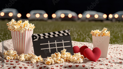 Popcorn and Clapperboard with Valentine’s Day Theme, Cozy setup with clapperboard, popcorn, and hearts for movie night