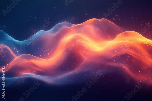 abstract dark background with dynamic wave shapes in deep blue, orange and red tones with grainy texture and vibrant color transitions