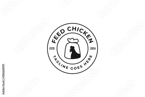 Emblem feed chicken in burlap pouch sack bag logo design template vector illustration idea