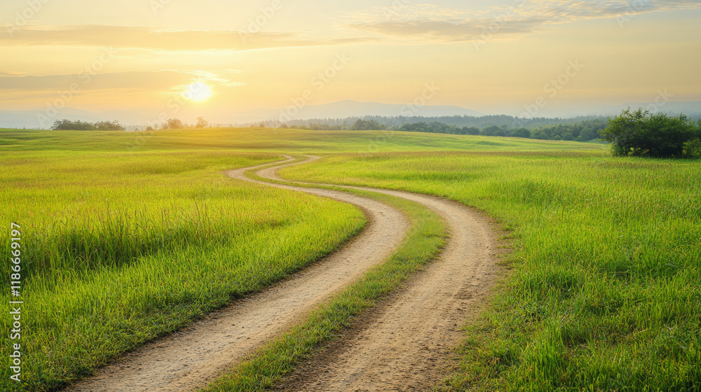 Fototapeta premium Tranquil countryside dirt road at sunrise, lush green fields, and serene landscapes?perfect for nature photography enthusiasts and explorers.