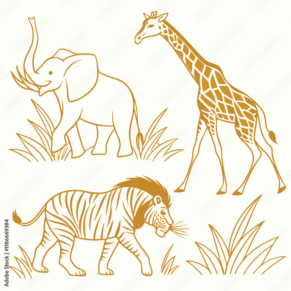 Obraz premium Safari animals including elephant lion and giraffe in a stylized drawing with grassy accents