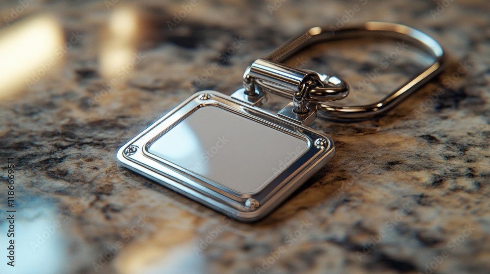 Blank Silver Metal Keychain Mockup on Textured Surface Blank Silver Metal Keychain Mockup on Textured Surface
