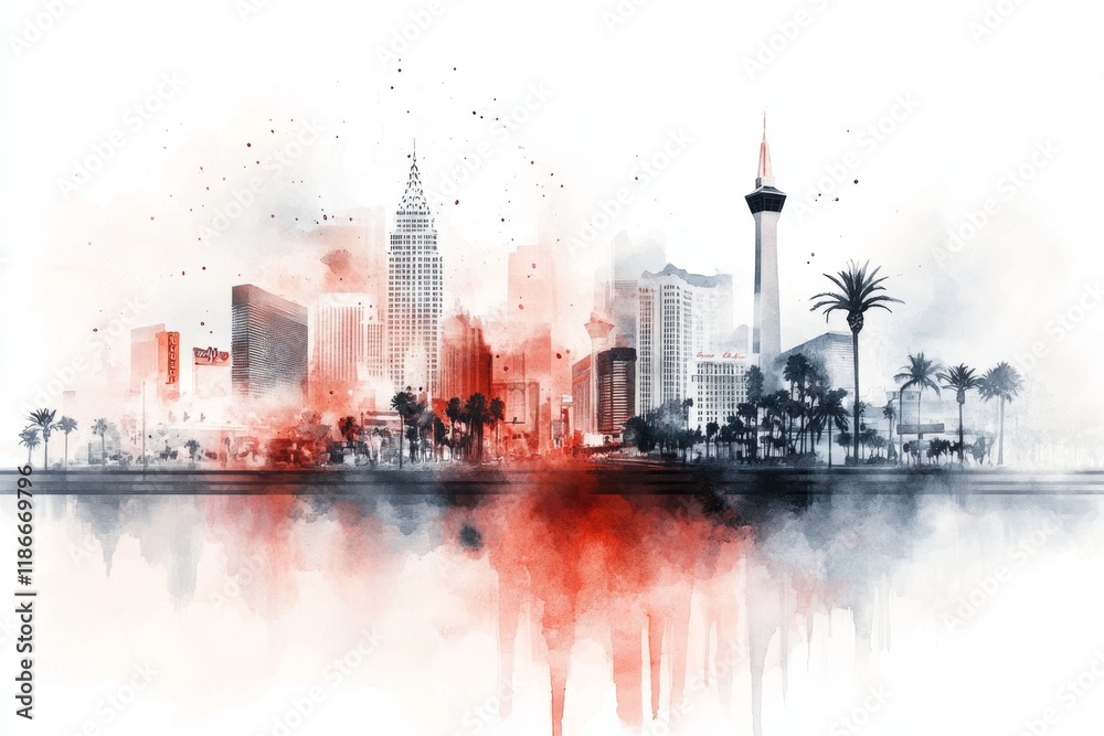 Fototapeta premium A dreamy watercolor depiction of the Las Vegas Strip at dusk, with blurred neon lights and soft pastel skies creating a vibrant yet gentle ambiance