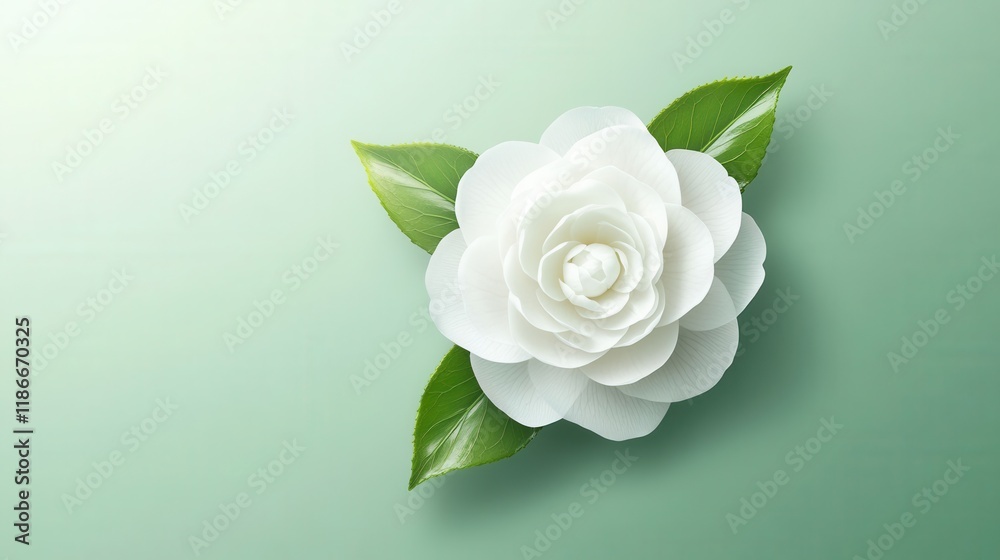 Fototapeta premium White Camellia Flower on Green Background with Fresh Leaves