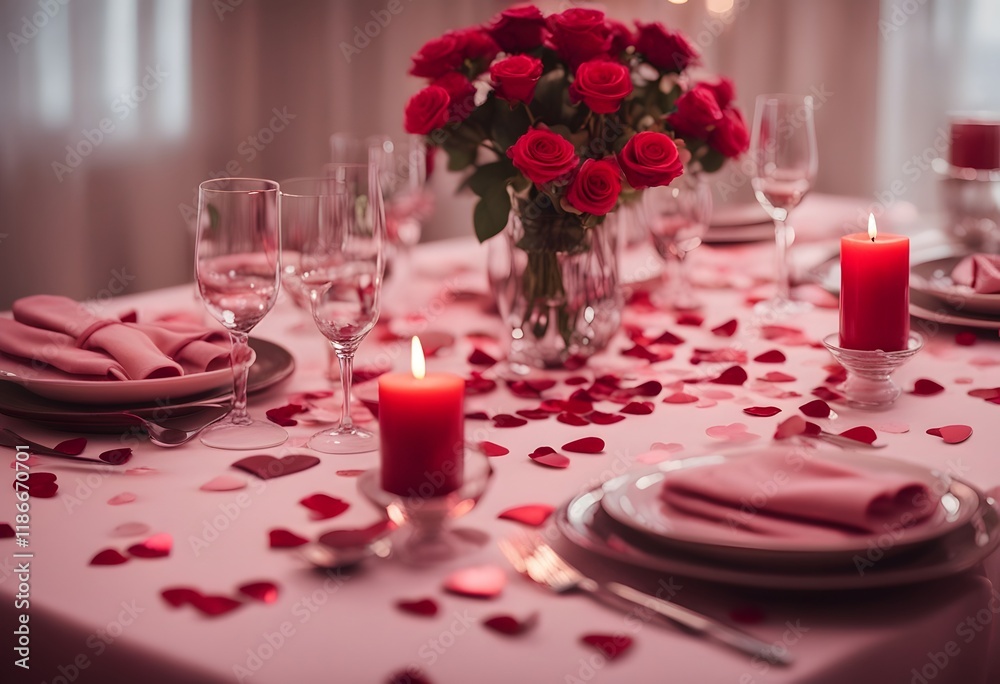 A dining room set up for a Valentine's Day dinner, with a table covered in a pink tablecloth, red candles, heart-shaped confetti, and elegant place settings with roses A dining room set up for a Valentine's Day dinner, with a table covered in a pink tablecloth, red candles, heart-shaped confetti, and elegant place settings with roses