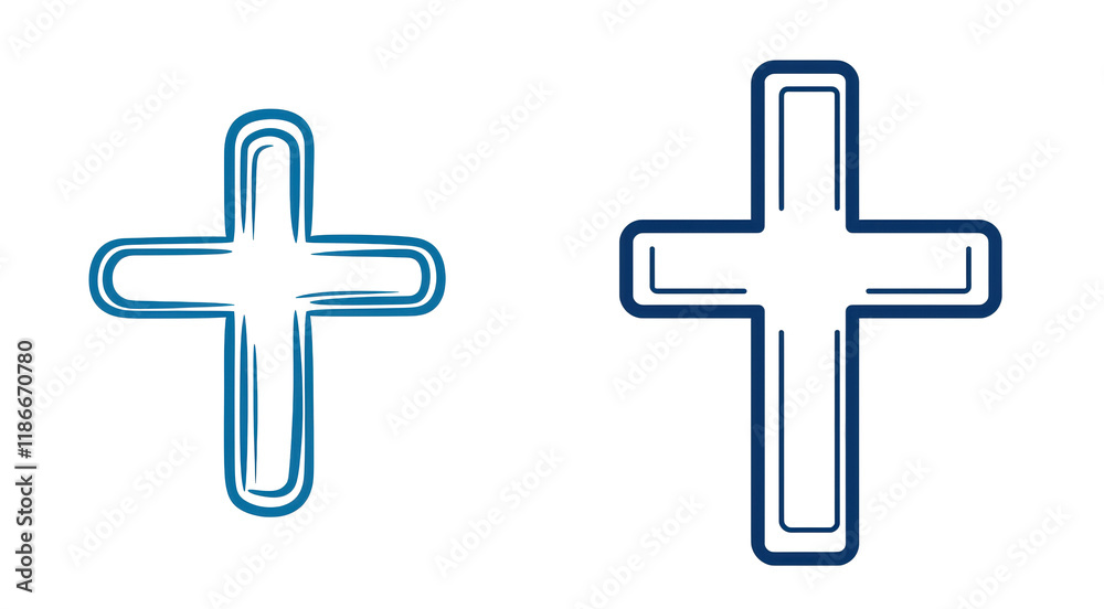 Fototapeta premium Two stylized crosses in blue outline design on a white background. transparent background.
