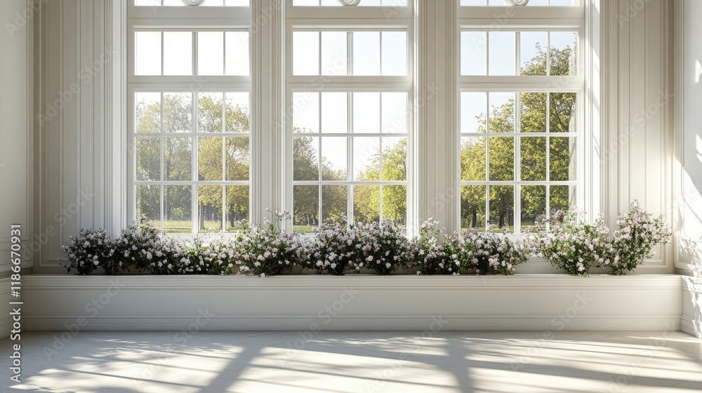 Bright Sunlight Streaming Through Large Windows Illuminates a Room with White Flower Planters and a Tranquil Garden View Bright Sunlight Streaming Through Large Windows Illuminates a Room with White Flower Planters and a Tranquil Garden View