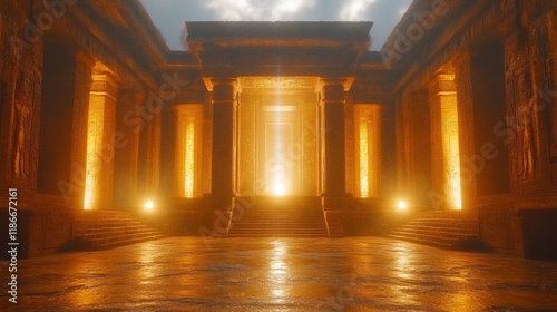 Golden temple interior, mystical light, ancient architecture, fantasy setting, game background
