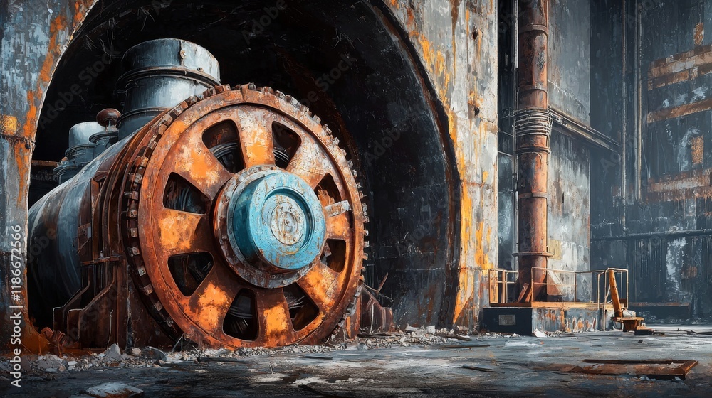 Fototapeta premium Abandoned Interior of Power Plant with Rusty Machinery and Industrial Textures