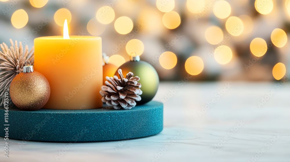 Cozy Candle with Christmas Ornaments and Pine Cone on a Soft Bokeh Background Cozy Candle with Christmas Ornaments and Pine Cone on a Soft Bokeh Background