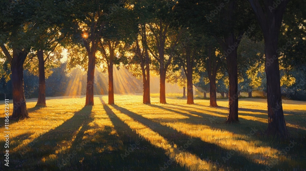 Sunbeams Through Trees in a Summer Meadow Sunbeams Through Trees in a Summer Meadow