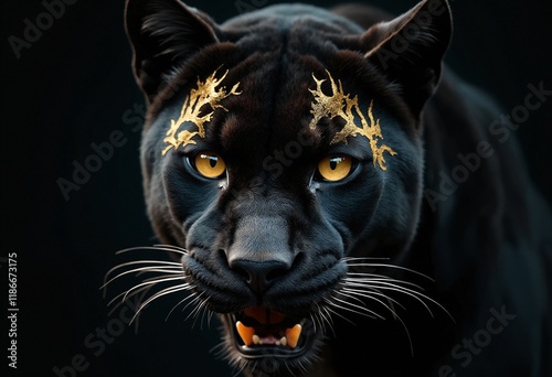 Close-up of a fearsome black panther's eye with metallic gold markings