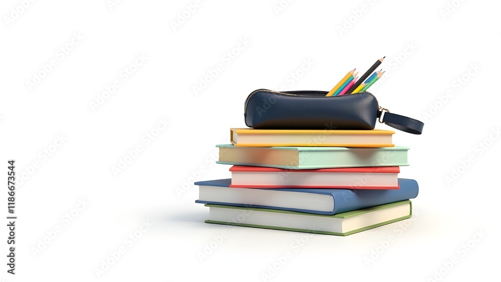 A stack of textbooks with a pencil case on top, isolated on a clean background A stack of textbooks with a pencil case on top, isolated on a clean background