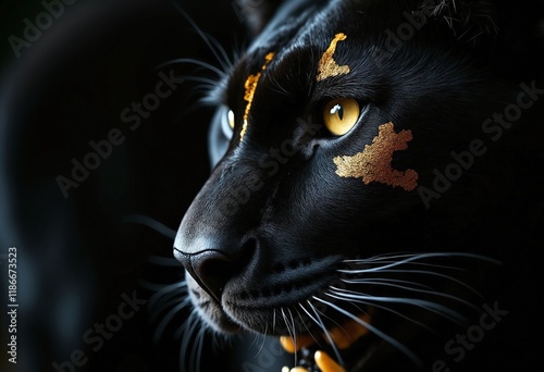Close-up of a fearsome black panther's eye with metallic gold markings