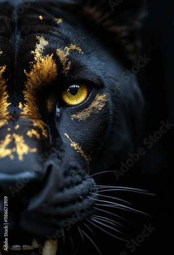 Close-up of a fearsome black panther's eye with metallic gold markings