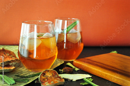 Two Glasses of Thai Dried Bael Tea Aromatic Drinks