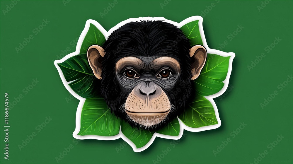 Close-up portrait of a chimpanzee's face framed by lush green leaves. Serene and captivating. Close-up portrait of a chimpanzee's face framed by lush green leaves. Serene and captivating.