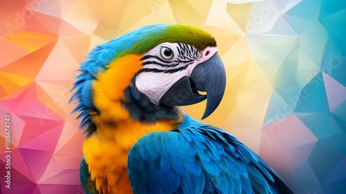 Bright and Colorful Macaw Parrot Against a Vibrant Geometric Background