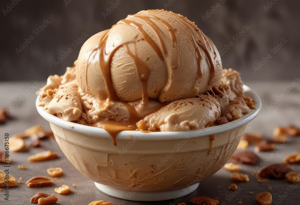 A bowl filled to the brim with velvety-smooth milk chocolate ice cream swirled with a hint of caramel and crunchy peanut butter bits , dessert dish, caramel A bowl filled to the brim with velvety-smooth milk chocolate ice cream swirled with a hint of caramel and crunchy peanut butter bits , dessert dish, caramel