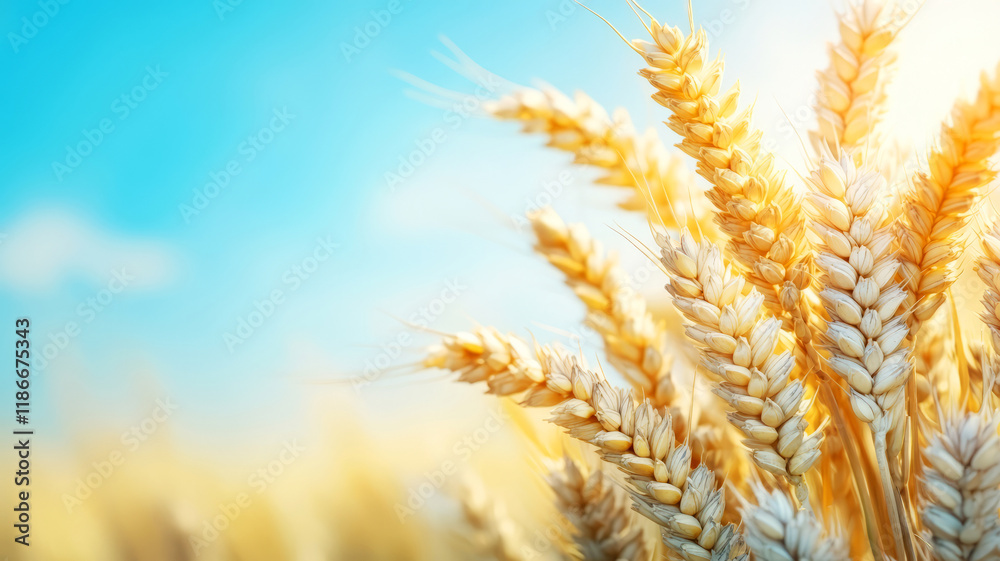 Golden Wheat Field Under Bright Blue Sky with Soft Light and Beautiful Sunshine Glow Golden Wheat Field Under Bright Blue Sky with Soft Light and Beautiful Sunshine Glow